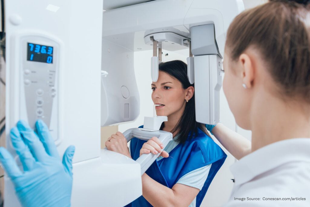 adult female patient receives a CBCT (Cone Beam Computed Tomography) for 3D oral imaging